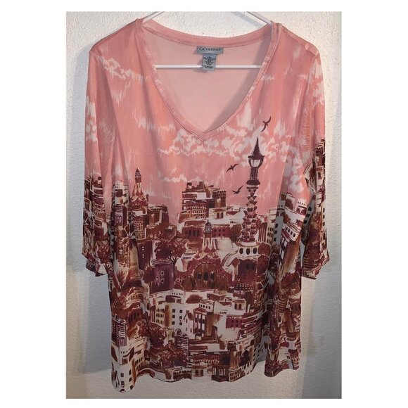 Catherines Top Pink Knit City Skyline All Over Women's Plus Size Blouse (sz 0X) - Picture 1 of 4